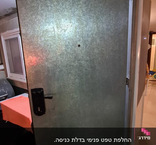 דלת מתכת עם ידית שחורה וציפוי מבריק